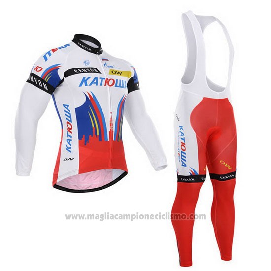 2015 Abbigliamento Ciclismo Katusha Bianco e Rosso Manica Lunga e Salopette